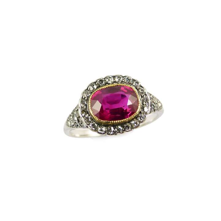 Antique cushion cut ruby and diamond cluster ring, set with a 2.04ct Burma ruby